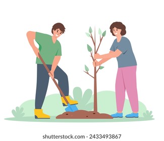 Young people plant tree in spring. Couple of man and woman work together to improve the environment. Gardening concept. Flat vector illustration on white background.