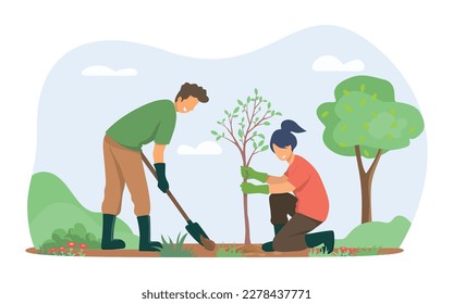 Jóvenes plantan árboles en el parque de la ciudad en primavera. Los grupos de personas trabajan juntos para mejorar el medio ambiente. Ilustración del vector