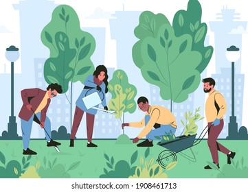 Young people are planting trees in the park. Volunteer work on greening the city in the spring. Flat vector illustration