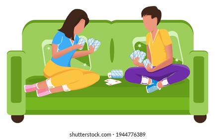 Young people play cards. The concept of entertainment, relaxation, partying. Spending time together. Quarantine at home on the couch. Colorful flat style. Cartoon drawing. Vector. Close-up