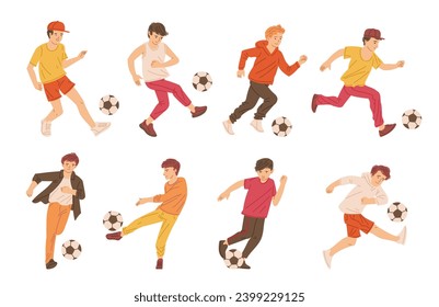Young people play football, set of vector illustrations isolated on white background. Collection of non-professional soccer athletes, teen with balls, drawn in cartoon flat style. Outdoor sports.