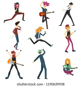 Young people play musical instruments and sing modern music. Vector Characters.