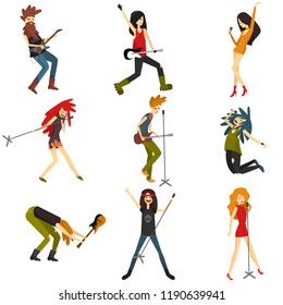 Young people play musical instruments and sing modern music. Vector Characters.