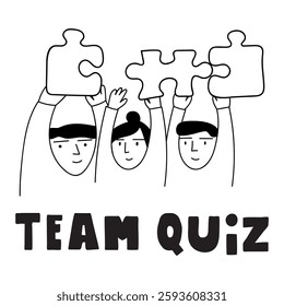 Young people play quiz. Vector outline hand drawn illustration on white background.