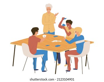 
young people playing cards together, having fun with friends, fun activities, laughing together. flat vector isolated on white background