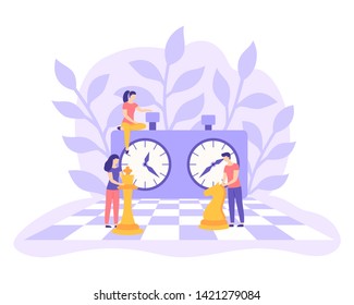 Young people playing chess and move pieces. Girl holds queen, guy moves horse. Chessboard And Clock banner. Tactic Business Game And Strategy modern graphic design poster. Creative vector illustration