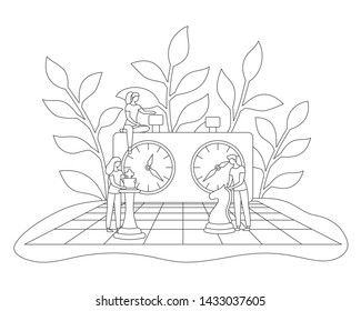 Young people playing chess and move pieces. Girl holds queen, guy moves horse. Chessboard and Clock banner. Thin line style. Contour symbol. Linear poster. Tactic Business Strategy Game outline vector