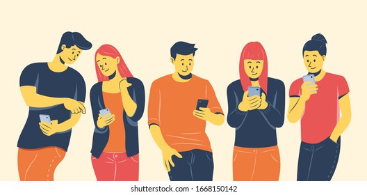 young people playing mobile phone illustration vector