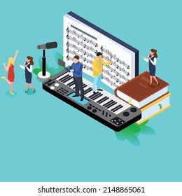 Young people playing musical instruments and singing isometric 3d vector illustration concept