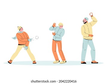 Young people are playing snowballs fight. Fun winter games. Vector illustration in cartoon style.