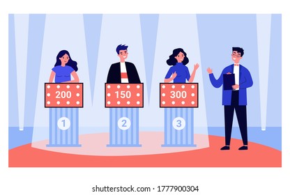 Young people playing television quiz game with showman isolated flat vector illustration. Cartoon participant of TV program answering questions. Puzzle, competition and show concept