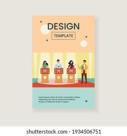 Young people playing television quiz game with showman isolated flat vector illustration. Cartoon participant of TV program answering questions. Puzzle, competition and show concept