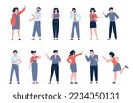 Young people point on something, show direction. Isolated characters hand and finger up, pointing and showing. Recent vector business person set