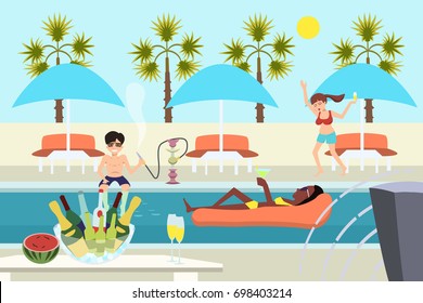 young people at pool party vector cartoon