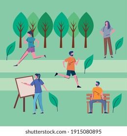 young people practicing activities in the park vector illustration design