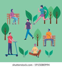 young people practicing activities in the park scene vector illustration design