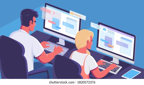 Young people programmers working at computers vector illustration