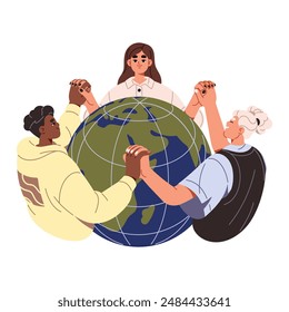 Los jóvenes protegen la ecología, el medio ambiente de la Tierra juntos. Los niños se toman de las manos alrededor del globo. Guardar Los niños aman, Chicas, los chicos se preocupan por el mundo. Ilustración vectorial plana aislada sobre blanco