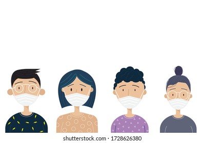 Young people protecting from coronavirus infection.Teenage characters group in prevention masks. Coronavirus control concept. Flat cartoon vector illustration.