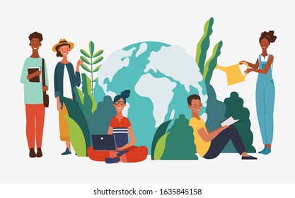 Young people protecting the Earth. Happy Earth day illustration. Eco friendly ecology concept. Nature conservation vector poster