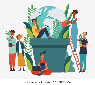 Young people protecting the Earth. Happy Earth day illustration. Eco friendly ecology concept. Nature conservation vector poster