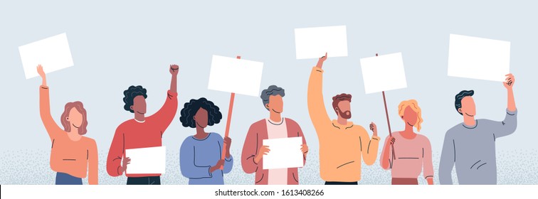 Young people protest flat vector illustration. Cartoon people with posters 