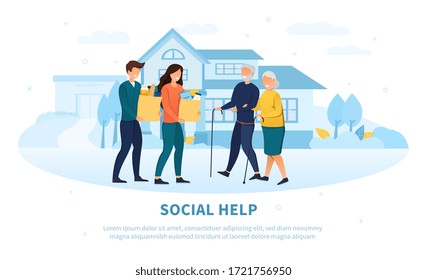 Young people providing Social Help to the elderly delivering bags of groceries to a senior couple in their garden, colored vector illustration