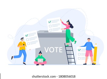 Young people putting paper ballots to election box. The public brings its decision to the voting box. Voting and election concept. Democratic election. Vector flat illustration. 