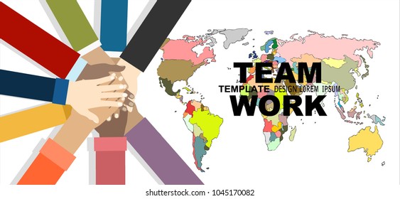 Young people putting their hands together. Friends with stack of hands showing unity and teamwork, top view. Vector flat illustration.
