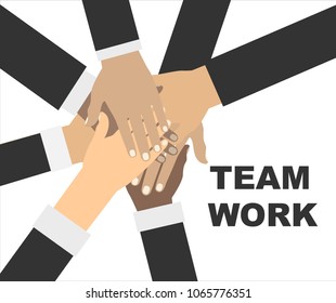 Young people putting their hands together. Friends with stack of hands showing unity and teamwork, top view. Vector flat illustration.