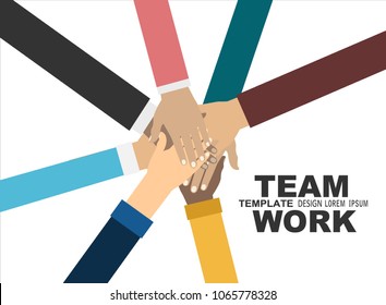 Young people putting their hands together. Friends with stack of hands showing unity and teamwork, top view. Vector flat illustration.