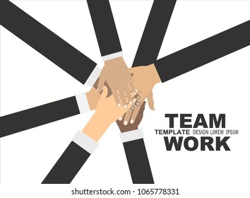 Young people putting their hands together. Friends with stack of hands showing unity and teamwork, top view. Vector flat illustration.