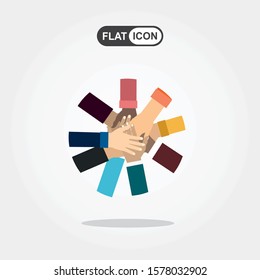 Young people putting their hands together. Friends with stack of hands showing unity and teamwork, top view. Vector flat illustration.