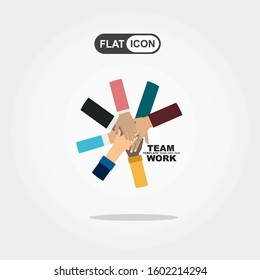 Young people putting their hands together. Friends with stack of hands showing unity and teamwork, top view. Vector flat illustration.