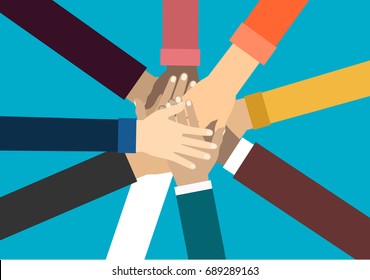 Young people putting their hands together. Friends with stack of hands showing unity and teamwork,  top view. Vector flat illustration.