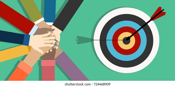Young people putting their hands together. Friends with stack of hands showing unity and teamwork, top view. Vector flat illustration.