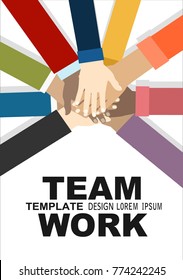 Young People Putting Their Hands Together. Friends With Stack Of Hands Showing Unity And Teamwork, Top View. Vector Flat Illustration.