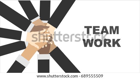 Young people putting their hands together. Friends with stack of hands showing unity and teamwork, top view. Vector flat illustration.