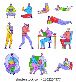 Young people read book on character line art vector illustration isolated on white. Student reading textbook in library. Boy, girl gain knowledge sit on sofa, armchair, lie. Man read literature child