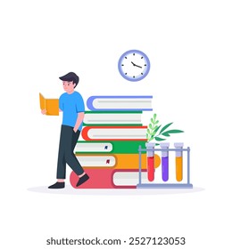 young people read books. Female and male student characters studying.