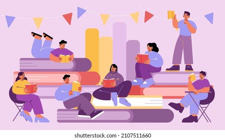 Young people read books in library. Students study in school, college or university. Vector flat illustration of men and women sitting on stack of big books and reading
