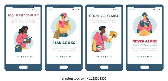 Young People Read, Smartphone Vertical Banner For Library Or Bookshop App. Kids Of Black And Asian Heritage At High School Or College Study And Read Books. Student Reader Flat Illustration.