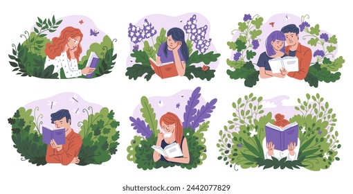 Young people reading a book with enjoy and great interest. Cartoon booklover characters vector illustration set isolated on floral decoration. Education, hobby leisure, self development concept