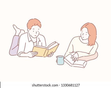 Young people reading book. Hand drawn style vector design illustrations.