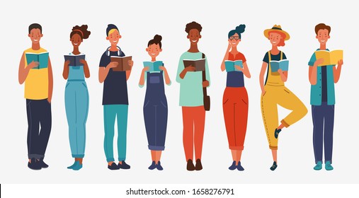 Young people reading books. Back to school, Study, Learning, Knowledge and Education vector concept