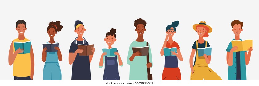 Young people reading books. Back to school, Study, Learning, Knowledge and Education vector concept