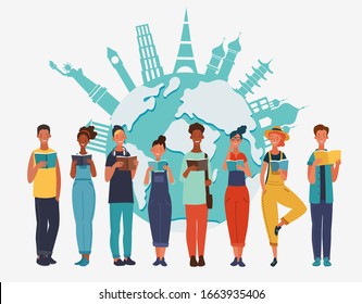 Young people reading books. Back to school, Study, Learning, Knowledge and Education vector concept. World map background