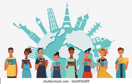 Young people reading books. Back to school, Study, Learning, Knowledge and Education vector concept. World map background