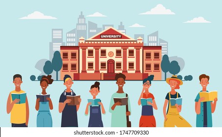 Young people reading books. Back to school, Study, Learning, Knowledge and Education vector concept