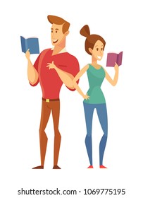 Young people reading books. Flat vector illustration.